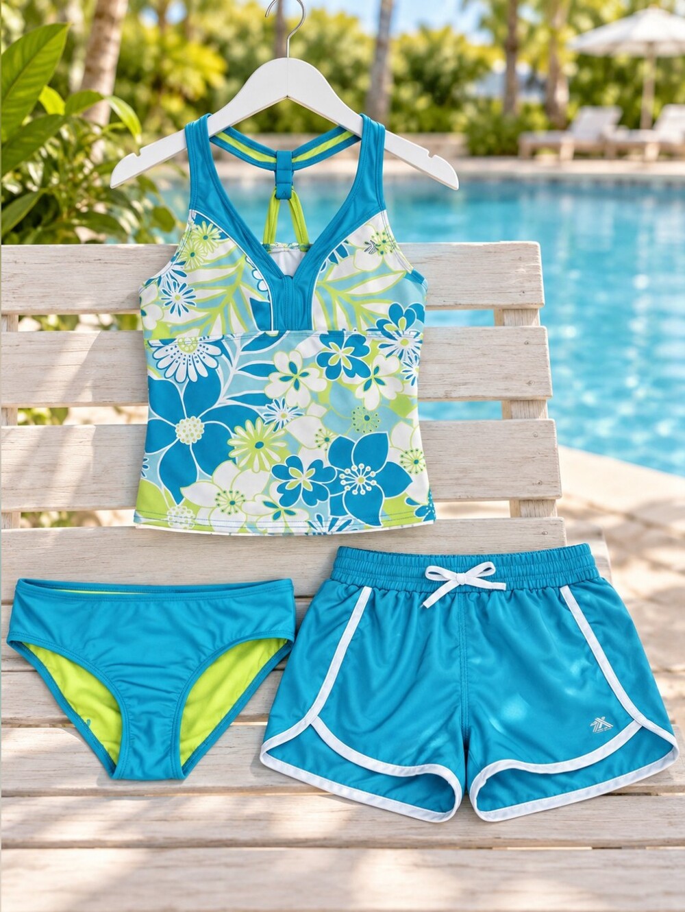 ZeroXposur Girls Size 14 Floral Tankini Swimsuit 3 Piece Set with Shorts